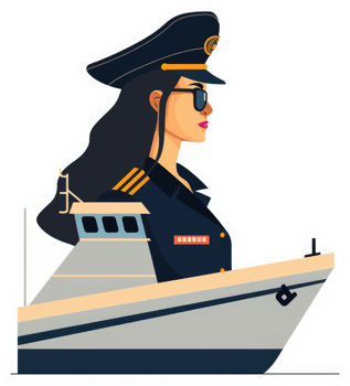 A female captain in navy uniform stands at the helm of a ship. png