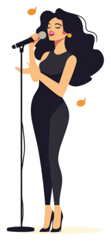 A woman singing into a microphone on a stage. png