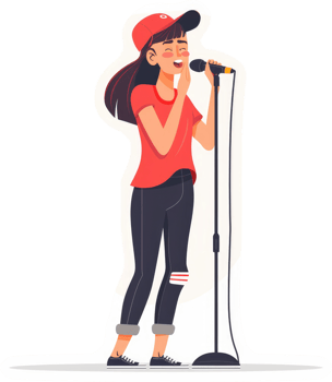 A young woman joyfully singing into a microphone. png
