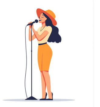A woman in an orange outfit singing into a microphone. png