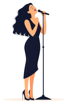 A woman in a black dress, singing into a microphone. png