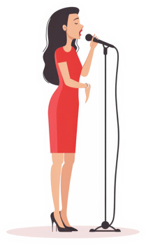 A woman in a red dress sings into a microphone. png