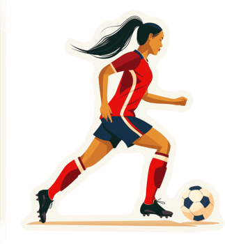 A dynamic female soccer player in motion, showcasing athleticism and skill. png