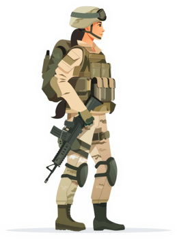 A female soldier in military uniform, armed with a rifle. png
