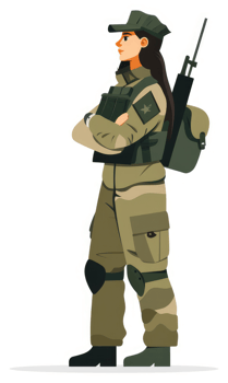 A female soldier in tactical uniform, ready for action. png