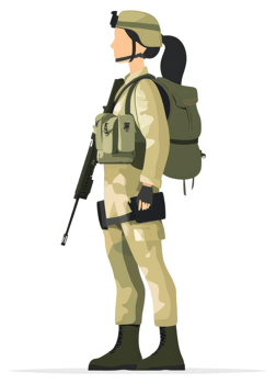 A female soldier in camouflage uniform carrying a rifle and backpack. png