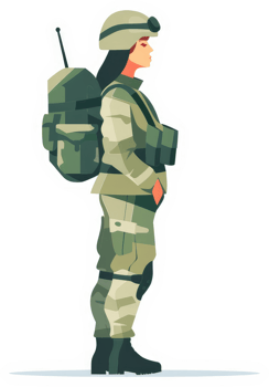 A female soldier in camouflage uniform, standing at attention. png