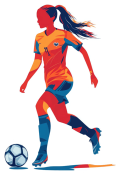 A vibrant illustration of a female soccer player in motion. png
