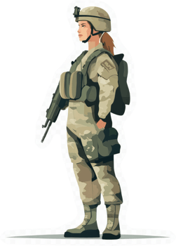 A female soldier in camouflage uniform, standing at attention with a rifle. png