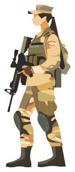 A female soldier in camouflage uniform, armed with an assault rifle. png