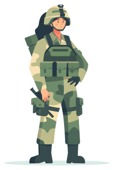 A female soldier in camouflage uniform stands alert. png