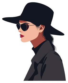 Stylish woman in a black hat and sunglasses, profile view. png