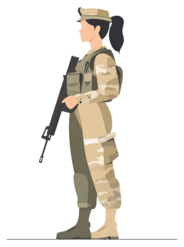 A female soldier in camouflage uniform stands at attention with a rifle. png