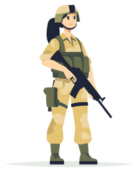 A female soldier in camouflage uniform stands ready with a rifle. png