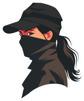 A stylized illustration of a woman wearing a baseball cap and a dark mask. png