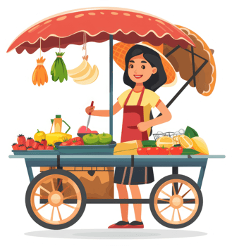 A cheerful street vendor displays fresh fruits and vegetables on a mobile cart. png