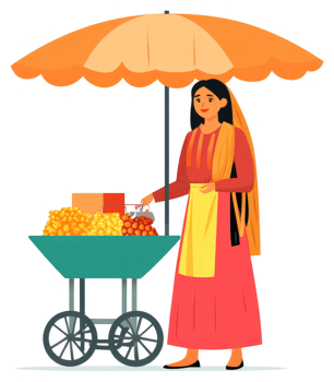 A woman selling street food under an orange umbrella. png