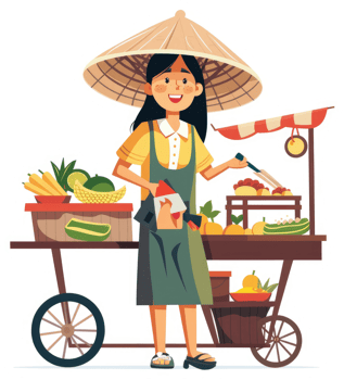 A friendly street vendor sells fresh produce and food items from a colorful cart. png