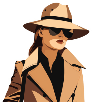 A stylish woman in a camel colored trench coat and wide-brimmed hat. png