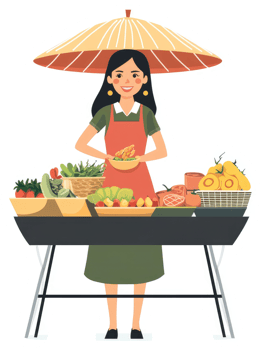A woman selling fresh produce at a street market under a traditional asian umbrella. png