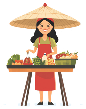 A friendly street vendor displays fresh produce under a straw hat. png