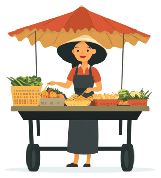 A friendly street vendor displays fresh produce and snacks under a market umbrella. png