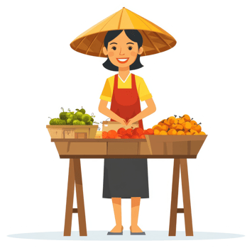 A cheerful woman selling fresh fruits at a market stall. png