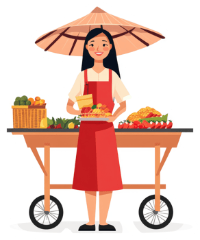 A smiling street vendor displaying various fresh foods on a cart. png
