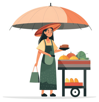 A woman selling street food and fruits under a wide umbrella. png
