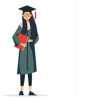 A young woman in graduation attire, holding a book, stands proudly. png