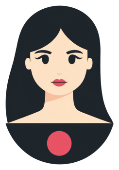 A stylized illustration of a woman with long black hair and rosy lips. png