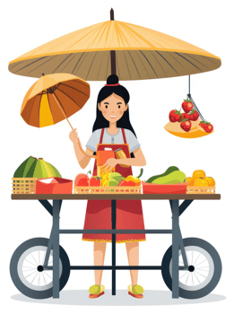 A woman selling fresh fruits and vegetables at a street market stall. png