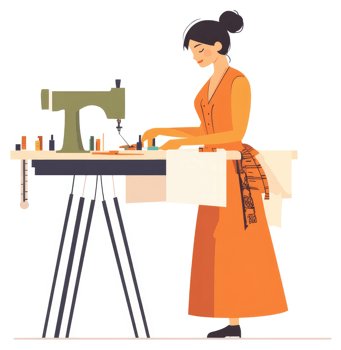A woman meticulously sews fabric on a sewing machine. png