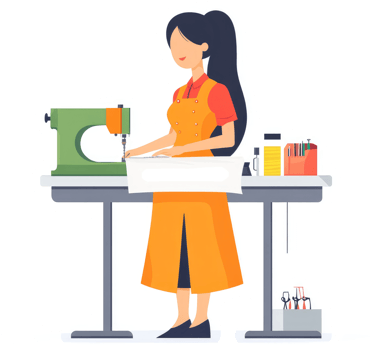 A woman working on a sewing machine at a tailor's workstation. png