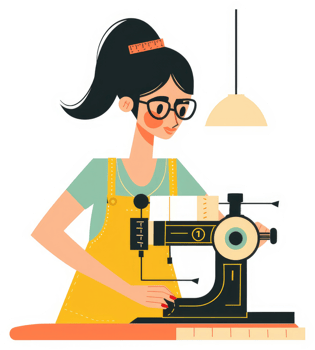 A young woman operating a sewing machine, focused on her craft. png