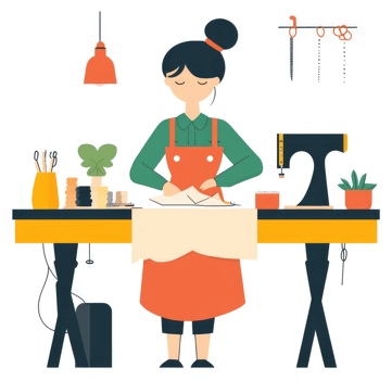 A woman in an apron meticulously working on fabric with a sewing machine nearby. png