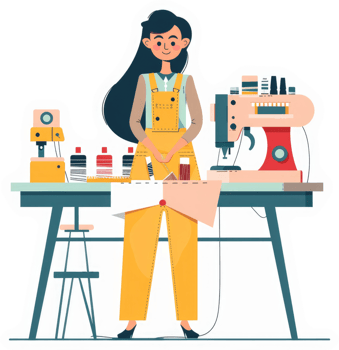A female tailor working with fabric, sewing machine, and tools. png