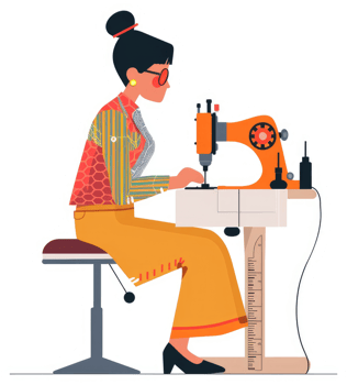 A woman tailor working on a vibrant orange sewing machine. png