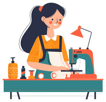 A young woman diligently sews with care at her craft table. png
