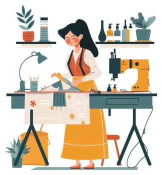 A dedicated seamstress meticulously crafts garments at her workbench. png