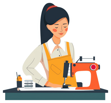 A woman in an apron operating a sewing machine. png