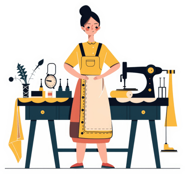 A female tailor stands at her work station with sewing machine and supplies. png