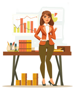 A confident businesswoman stands amidst financial charts and stacks of money. png