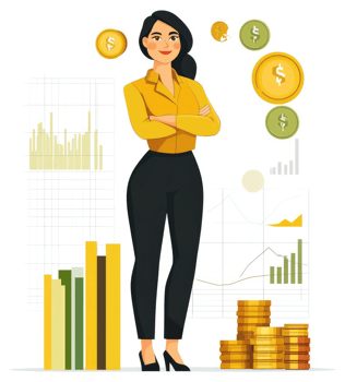 A confident businesswoman stands amidst financial data, surrounded by coins and graphs. png