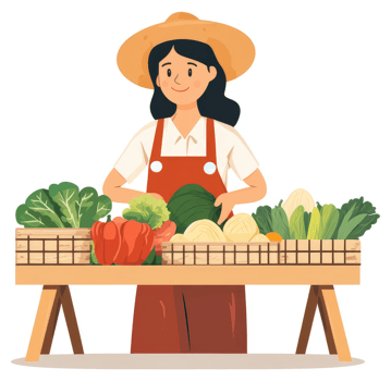 A cheerful vendor displaying a variety of fresh produce at a market stall. png