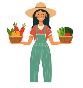 A farmer holds baskets of fresh produce. png