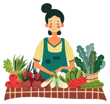 A friendly vendor displays fresh produce at a vibrant farmers market. png