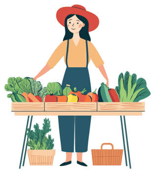 A friendly vendor displays fresh produce at a market stall. png