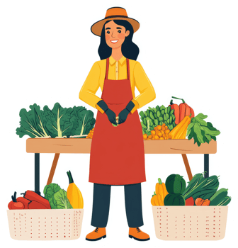 A cheerful farmer stands at a produce stand overflowing with fresh vegetables. png