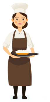 A smiling female chef wearing a uniform and carrying a tray of pie. png